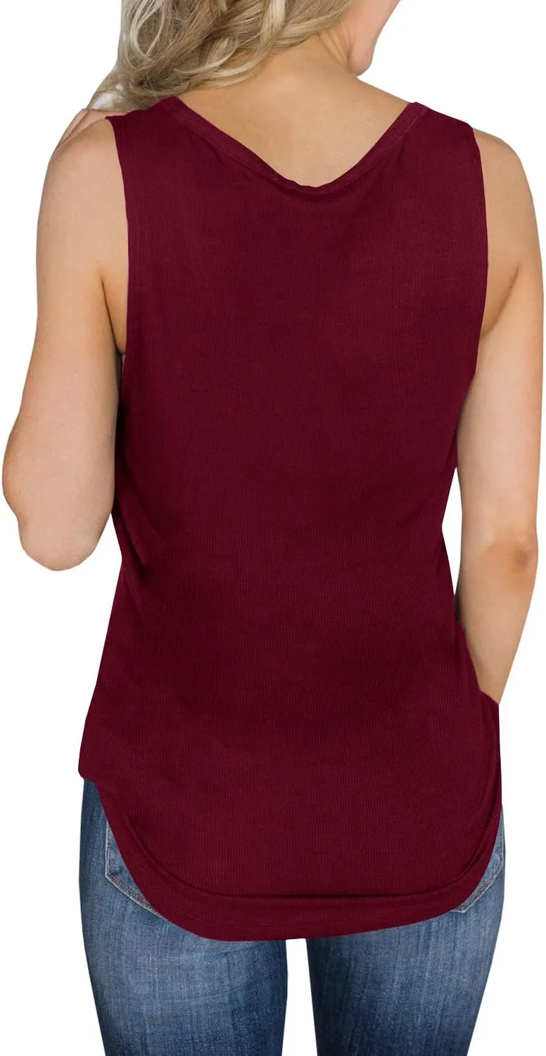 Dellytop Womens V Neck Tank Tops Sleeveless Henley Shirts Button Up Ribbed Long Tunic Tees
