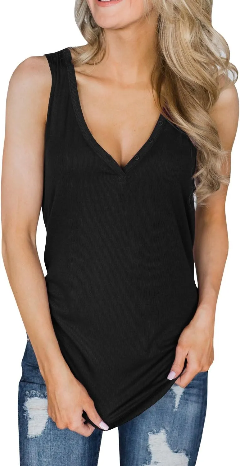 Dellytop Womens V Neck Tank Tops Sleeveless Henley Shirts Button Up Ribbed Long Tunic Tees