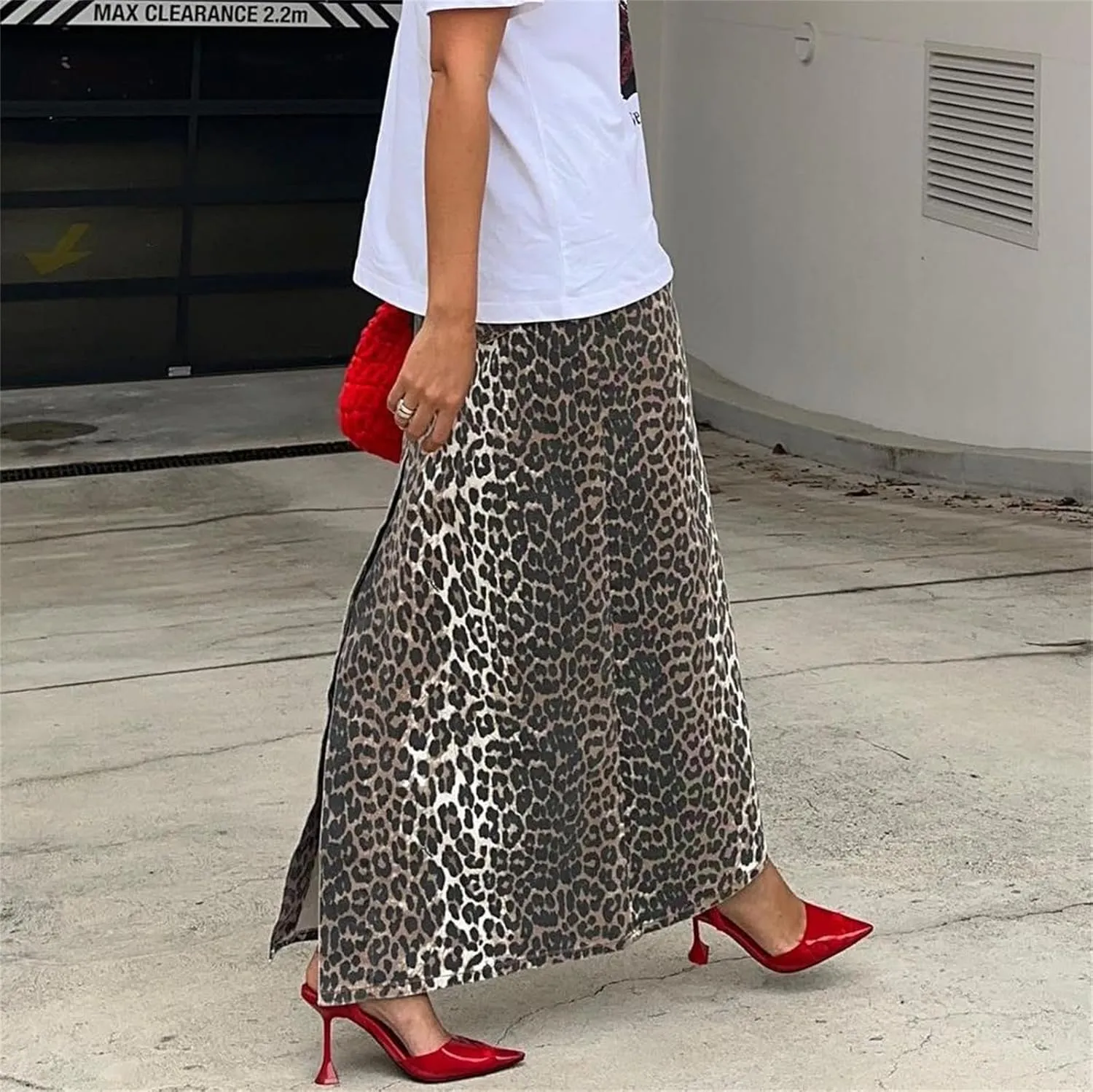 Denim Skirt Leopard Print Skirts for Women, Y2k High Waisted Denim Maxi Skirt Split Skirt, Streetwear Club Dress