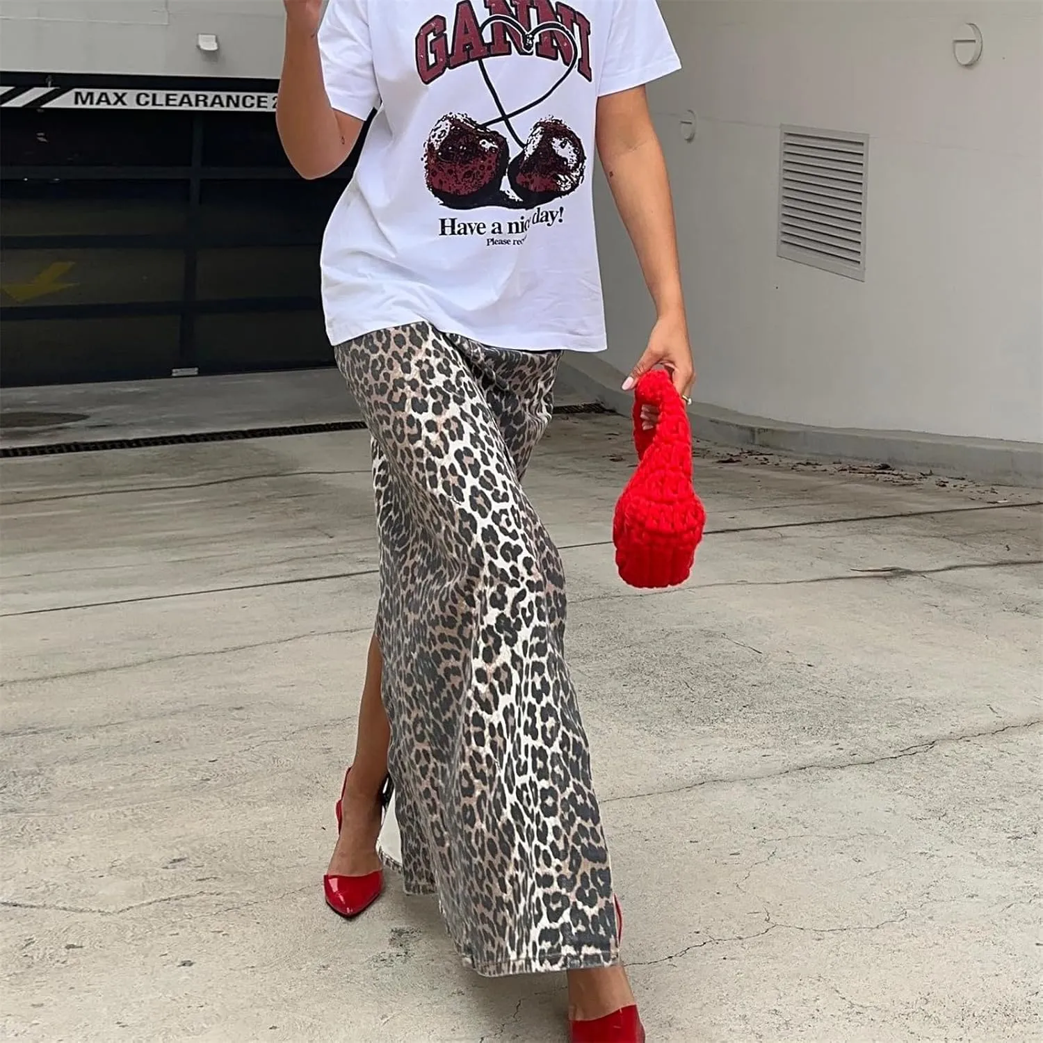 Denim Skirt Leopard Print Skirts for Women, Y2k High Waisted Denim Maxi Skirt Split Skirt, Streetwear Club Dress