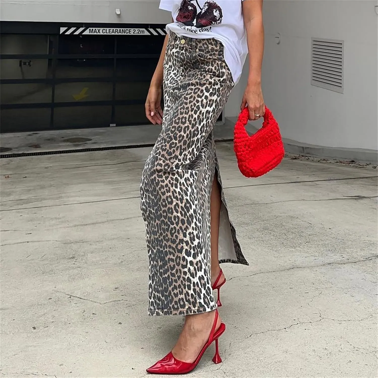 Denim Skirt Leopard Print Skirts for Women, Y2k High Waisted Denim Maxi Skirt Split Skirt, Streetwear Club Dress