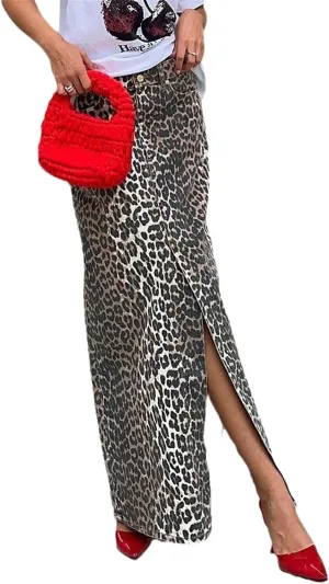 Denim Skirt Leopard Print Skirts for Women, Y2k High Waisted Denim Maxi Skirt Split Skirt, Streetwear Club Dress