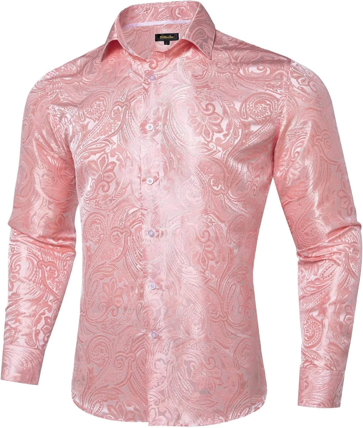 DiBanGu Silk Paisley Dress Shirts for Men Long Sleeve Button Down Shirt Casual Regular Fit Mens Shirts Wedding Party