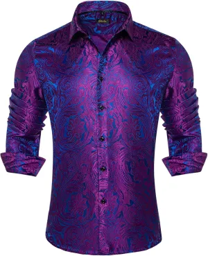 DiBanGu Silk Paisley Dress Shirts for Men Long Sleeve Button Down Shirt Casual Regular Fit Mens Shirts Wedding Party