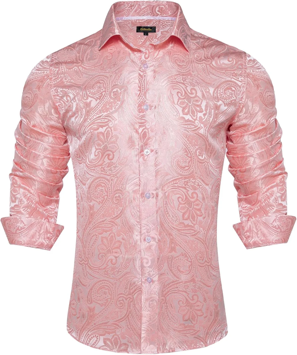 DiBanGu Silk Paisley Dress Shirts for Men Long Sleeve Button Down Shirt Casual Regular Fit Mens Shirts Wedding Party