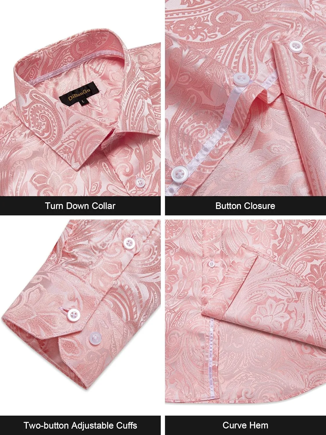 DiBanGu Silk Paisley Dress Shirts for Men Long Sleeve Button Down Shirt Casual Regular Fit Mens Shirts Wedding Party