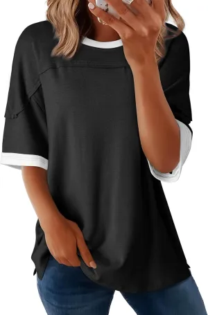Dokotoo Summer Tops for Women 2025 Loose Oversized T Shirts Crewneck Color Block Side Slits Basic Tee Blouses
