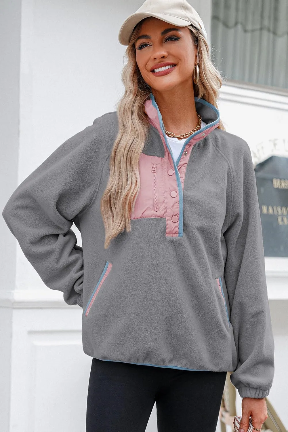 Dokotoo Sweatshirt for Women Oversized Fuzzy Fleece Jacket Color Block Button Long Sleeve Pullover Sherpa Sweatshirts Tops