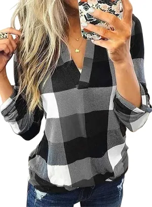 Dokotoo Womens Basic Casual V Neck Plaid Print Cuffed Long Sleeve Work Tops Blouses Shirts S-3XL