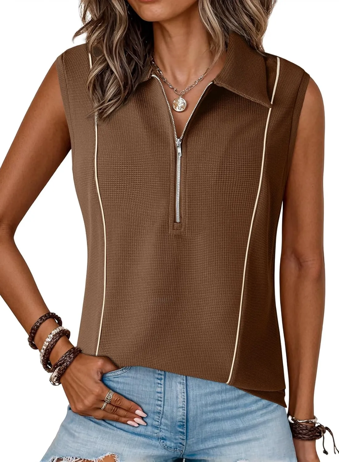 Dokotoo Womens Summer Tops Collared Shirts V Neck Tank Top with Zipper Casual Dressy Sleeveless Quick Dry Waffle Knit
