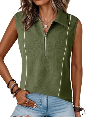 Dokotoo Womens Summer Tops Collared Shirts V Neck Tank Top with Zipper Casual Dressy Sleeveless Quick Dry Waffle Knit