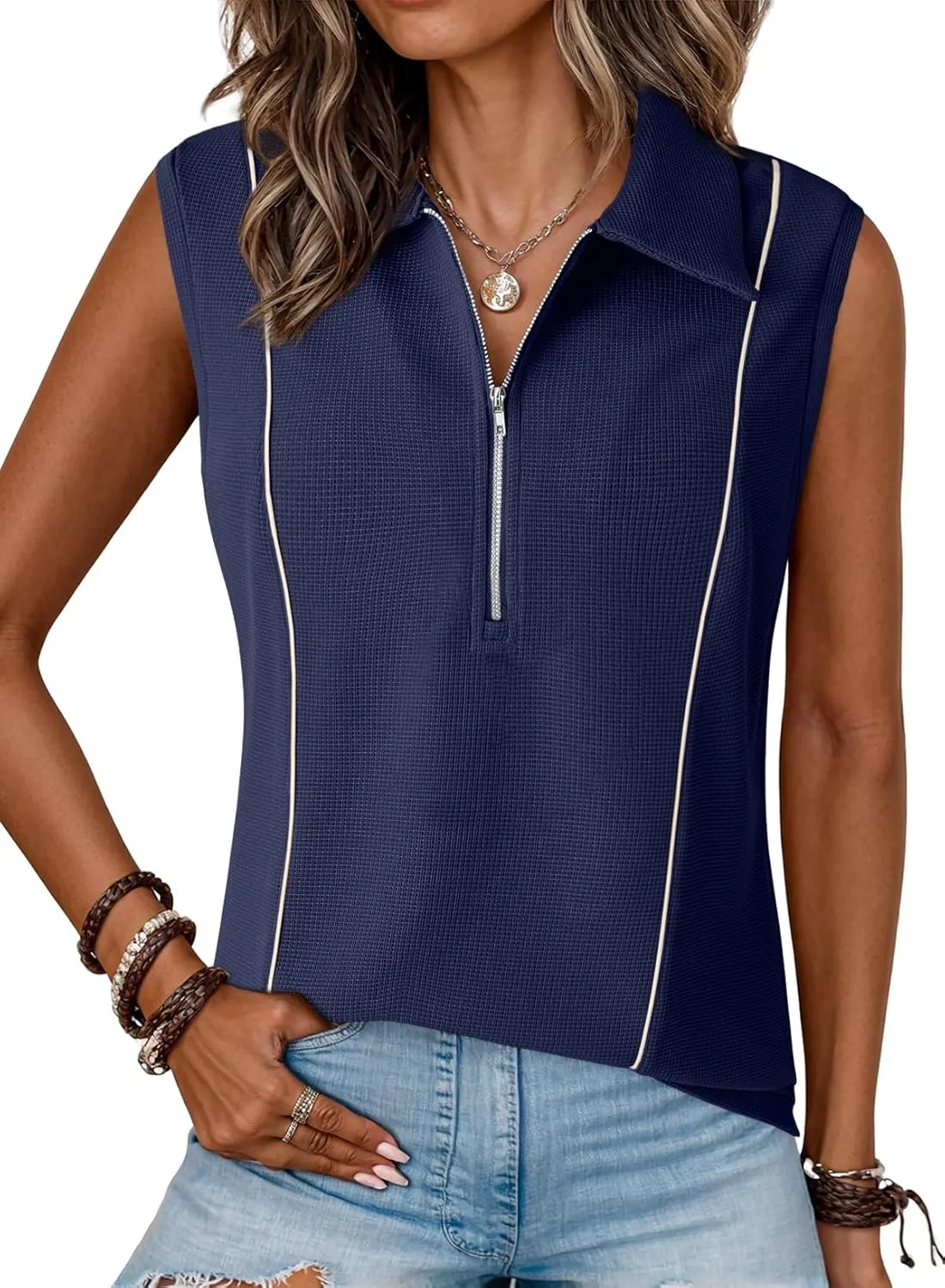 Dokotoo Womens Summer Tops Collared Shirts V Neck Tank Top with Zipper Casual Dressy Sleeveless Quick Dry Waffle Knit
