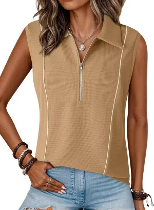 Dokotoo Womens Summer Tops Collared Shirts V Neck Tank Top with Zipper Casual Dressy Sleeveless Quick Dry Waffle Knit