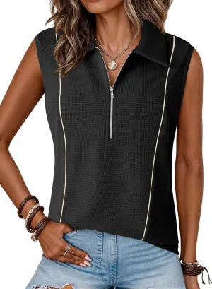 Dokotoo Womens Summer Tops Collared Shirts V Neck Tank Top with Zipper Casual Dressy Sleeveless Quick Dry Waffle Knit