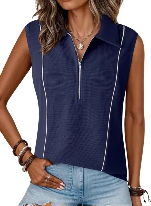 Dokotoo Womens Summer Tops Collared Shirts V Neck Tank Top with Zipper Casual Dressy Sleeveless Quick Dry Waffle Knit