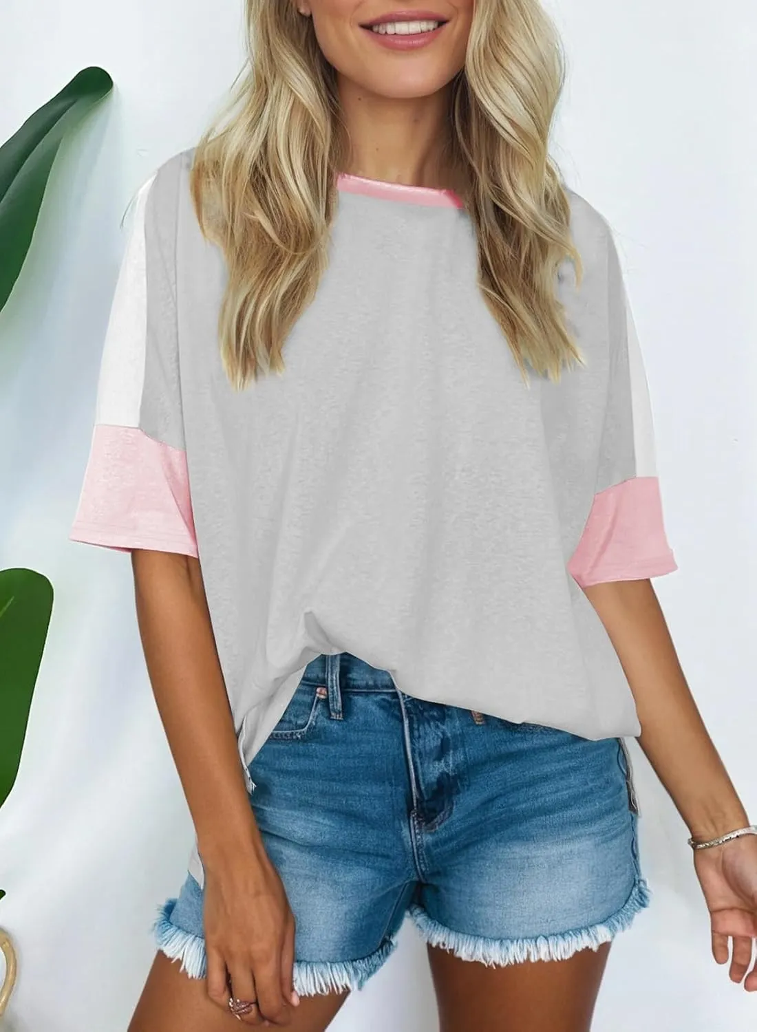 Dokotoo Womens Tops Oversized Trendy Shirts 2025 Summer Color Block Crewneck Business Casual Womens Blouses S-2XL
