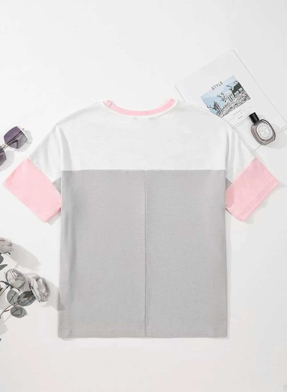Dokotoo Womens Tops Oversized Trendy Shirts 2025 Summer Color Block Crewneck Business Casual Womens Blouses S-2XL
