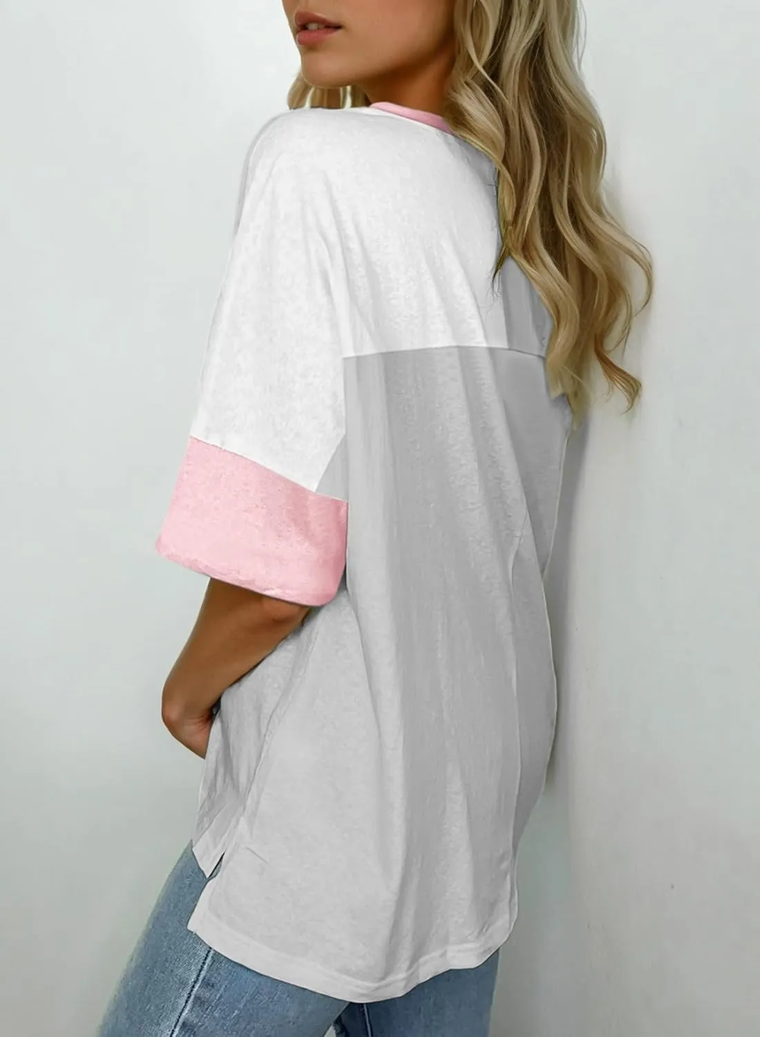 Dokotoo Womens Tops Oversized Trendy Shirts 2025 Summer Color Block Crewneck Business Casual Womens Blouses S-2XL