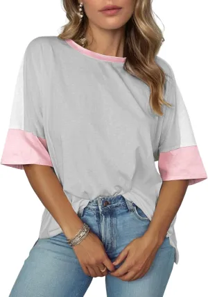 Dokotoo Womens Tops Oversized Trendy Shirts 2025 Summer Color Block Crewneck Business Casual Womens Blouses S-2XL