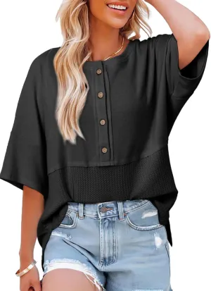 Dokotoo Womens Waffle Knit Tops 2025 Fashion 3/4 Sleeve Casual Button Down Shirts Crew Neck Oversized Patchwork Blouses