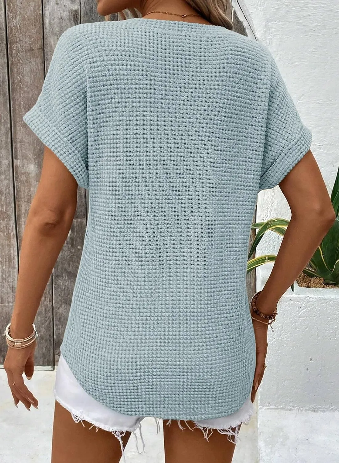 Dokotoo Womens Waffle Knit Tops 2025 Spring Summer V Neck Shirts Casual Trendy Women's Blouses Basic Tee