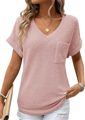 Dokotoo Womens Waffle Knit Tops 2025 Spring Summer V Neck Shirts Casual Trendy Women's Blouses Basic Tee
