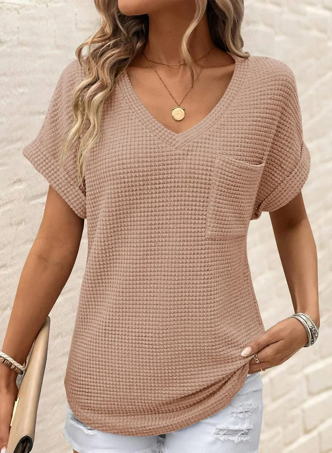 Dokotoo Womens Waffle Knit Tops 2025 Spring Summer V Neck Shirts Casual Trendy Women's Blouses Basic Tee
