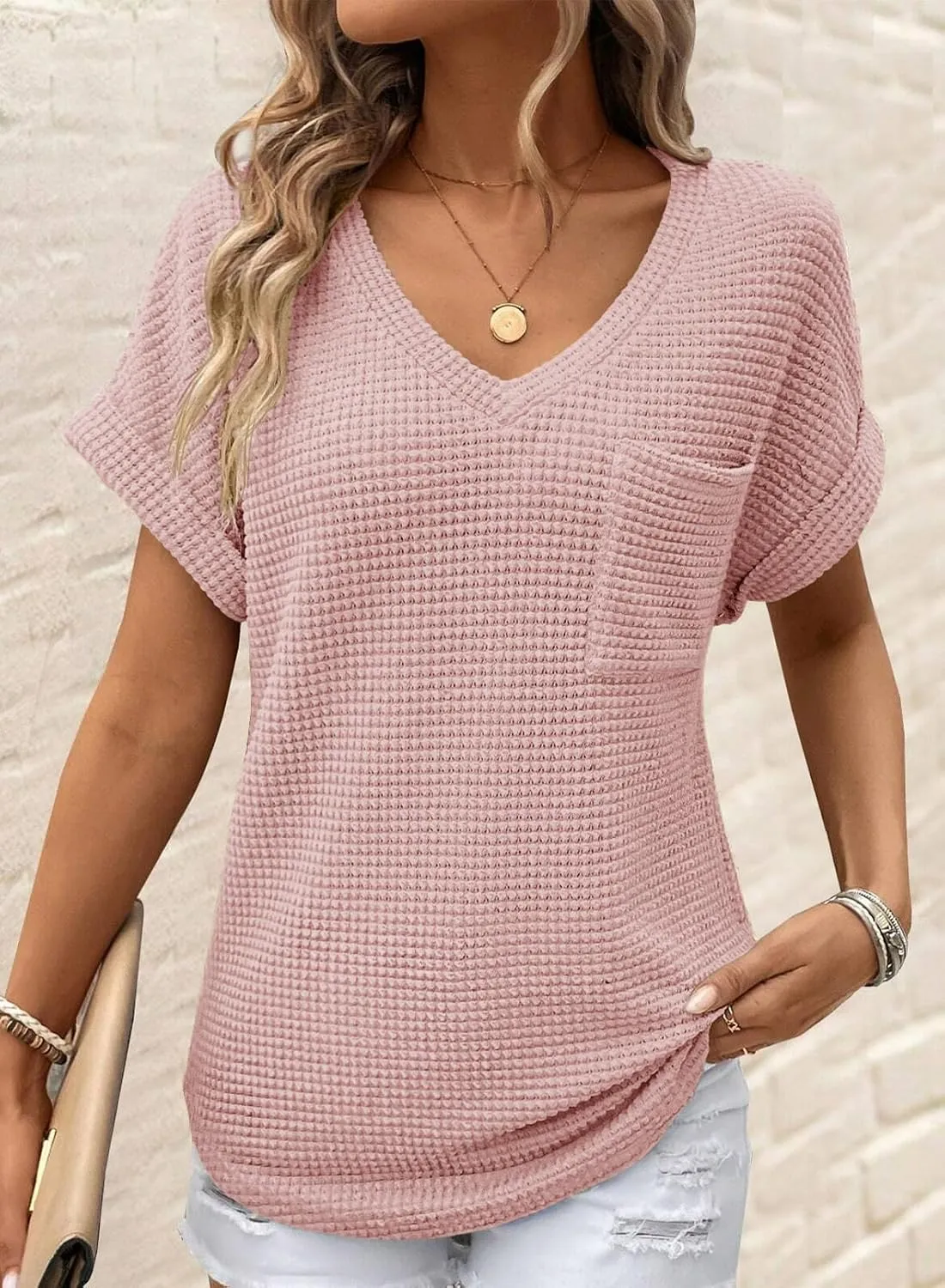 Dokotoo Womens Waffle Knit Tops 2025 Spring Summer V Neck Shirts Casual Trendy Women's Blouses Basic Tee