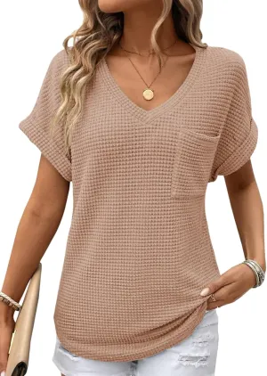 Dokotoo Womens Waffle Knit Tops 2025 Spring Summer V Neck Shirts Casual Trendy Women's Blouses Basic Tee