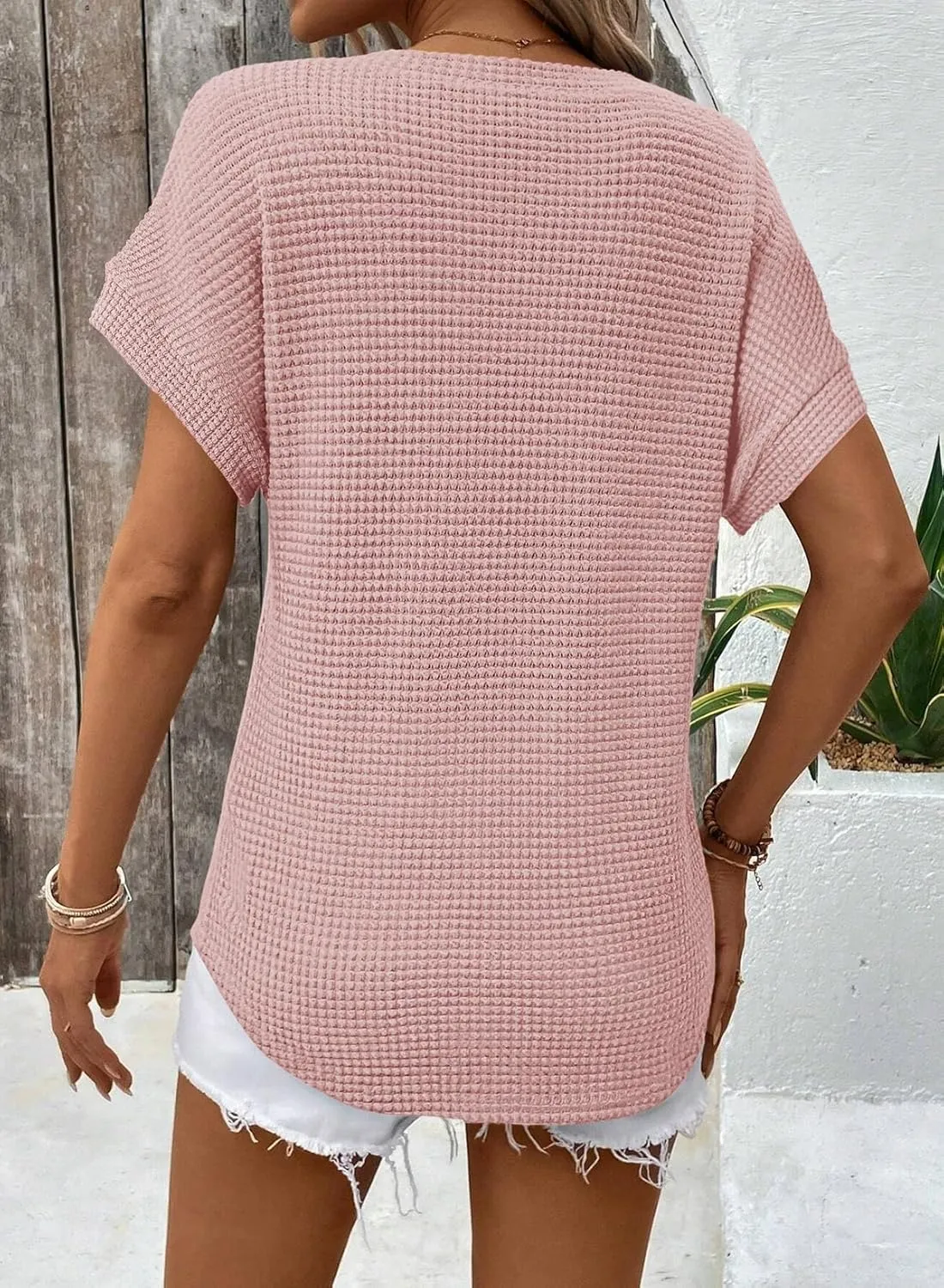Dokotoo Womens Waffle Knit Tops 2025 Spring Summer V Neck Shirts Casual Trendy Women's Blouses Basic Tee