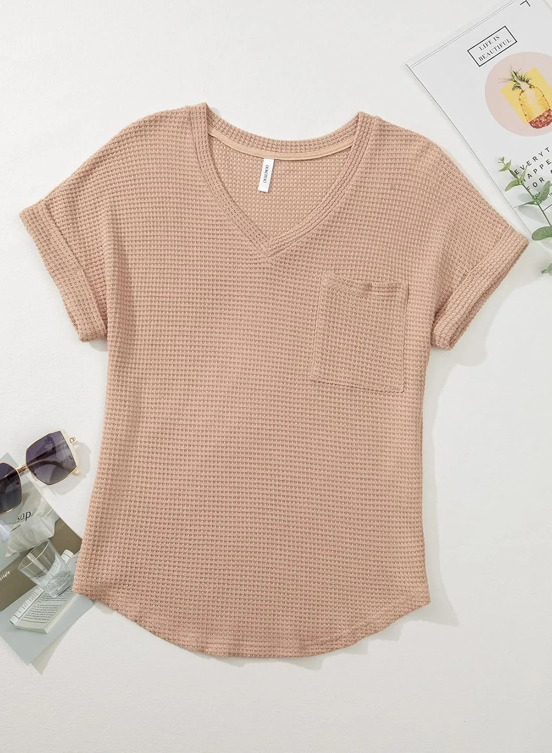 Dokotoo Womens Waffle Knit Tops 2025 Spring Summer V Neck Shirts Casual Trendy Women's Blouses Basic Tee