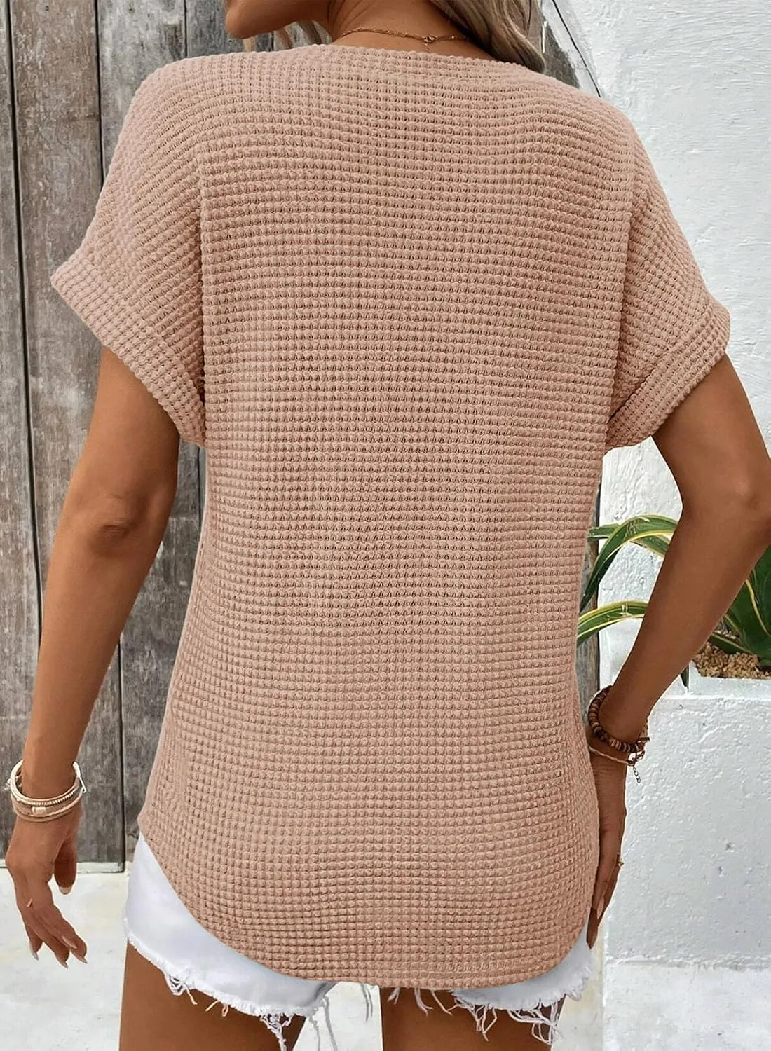 Dokotoo Womens Waffle Knit Tops 2025 Spring Summer V Neck Shirts Casual Trendy Women's Blouses Basic Tee