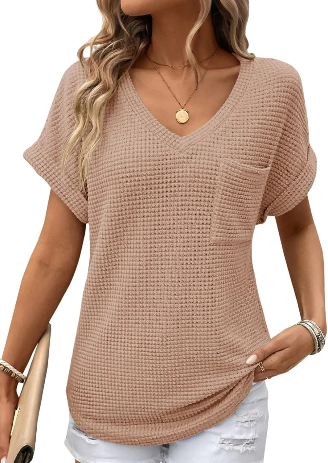 Dokotoo Womens Waffle Knit Tops 2025 Spring Summer V Neck Shirts Casual Trendy Women's Blouses Basic Tee