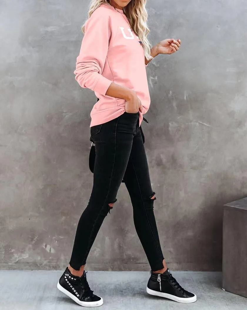 Dressmine Womens USA Shirt Casual Long Sleeve Graphic Tees Knit Crew Neck Sweatshirts Loose Pullover