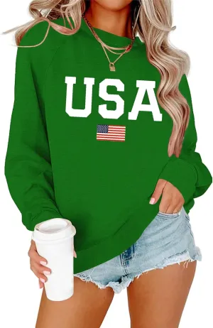 Dressmine Womens USA Shirt Casual Long Sleeve Graphic Tees Knit Crew Neck Sweatshirts Loose Pullover