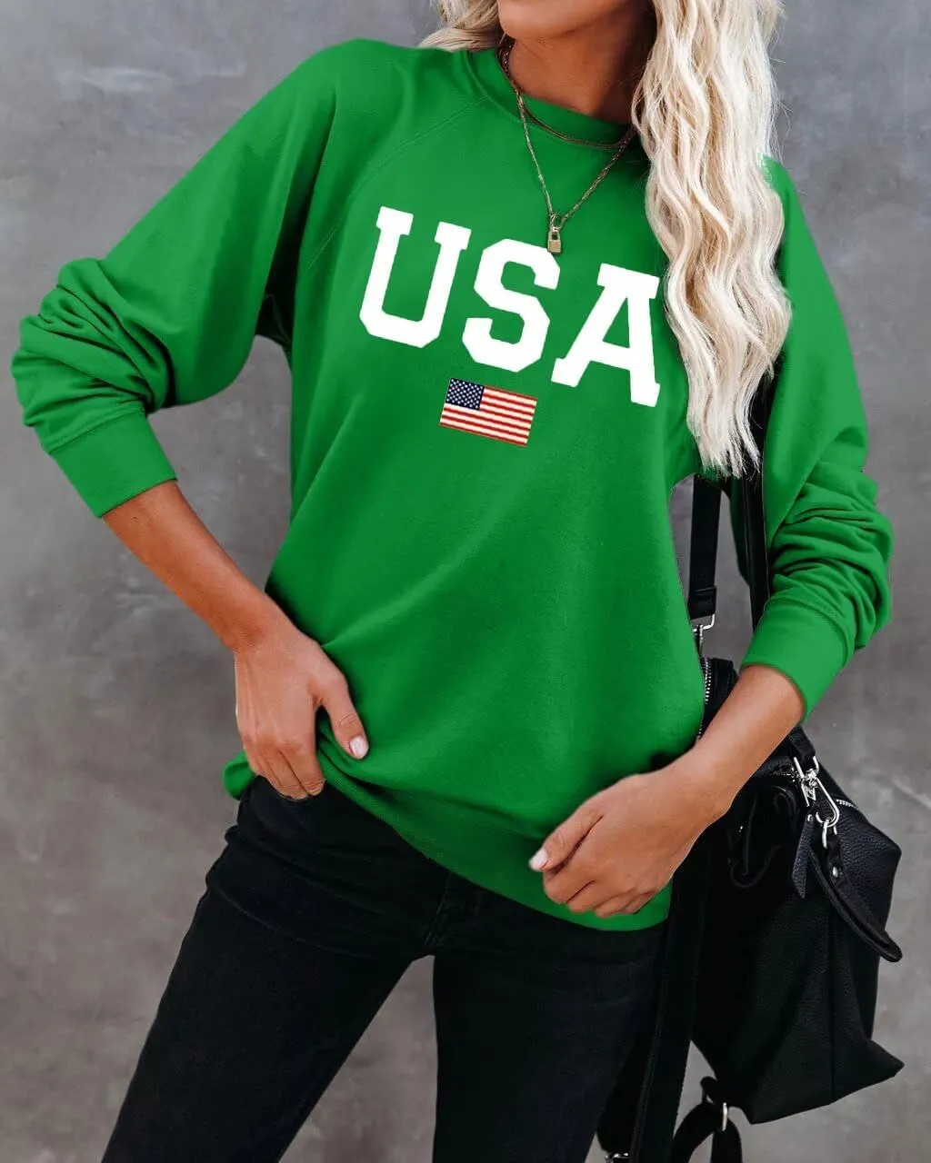 Dressmine Womens USA Shirt Casual Long Sleeve Graphic Tees Knit Crew Neck Sweatshirts Loose Pullover