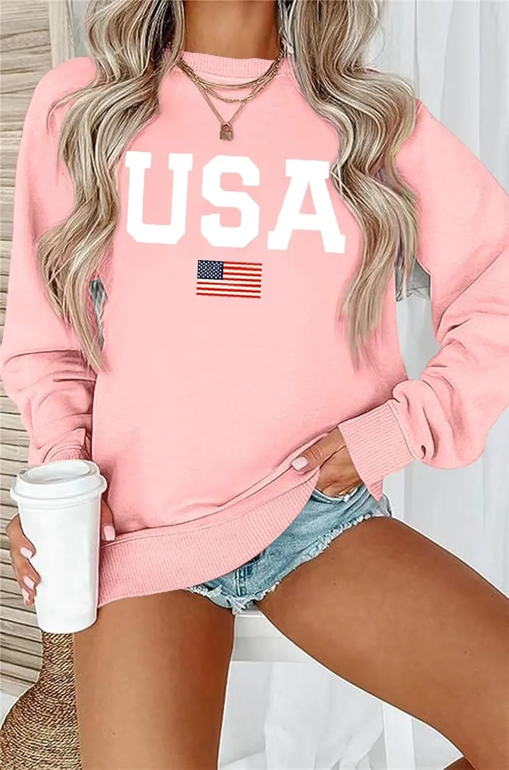Dressmine Womens USA Shirt Casual Long Sleeve Graphic Tees Knit Crew Neck Sweatshirts Loose Pullover