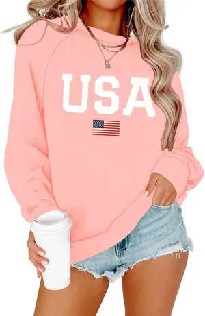 Dressmine Womens USA Shirt Casual Long Sleeve Graphic Tees Knit Crew Neck Sweatshirts Loose Pullover