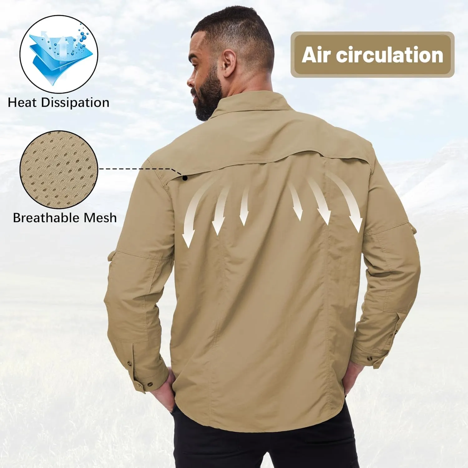 Durio Mens Fishing Shirts Long Sleeve UV Protection Sun Shirt Cooling Quick Dry SPF Shirts for Men Outdoor Work Safari Hiking