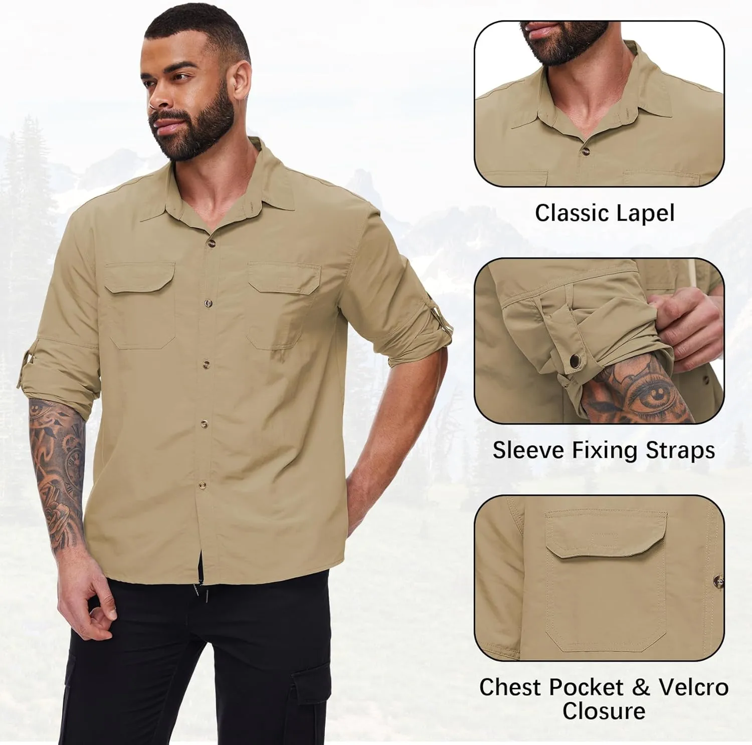 Durio Mens Fishing Shirts Long Sleeve UV Protection Sun Shirt Cooling Quick Dry SPF Shirts for Men Outdoor Work Safari Hiking