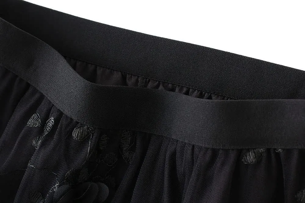 ebossy Womens Elastic High Waist Tutu Tulle Skirt Sweet Embroidery Pleated 3-Layers Mesh Midi Fairy Skirts with Lined