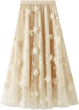 ebossy Womens Elastic High Waist Tutu Tulle Skirt Sweet Embroidery Pleated 3-Layers Mesh Midi Fairy Skirts with Lined