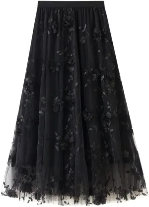 ebossy Womens Elastic High Waist Tutu Tulle Skirt Sweet Embroidery Pleated 3-Layers Mesh Midi Fairy Skirts with Lined