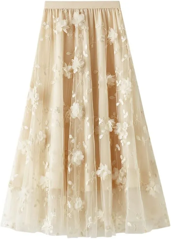 ebossy Womens Elastic High Waist Tutu Tulle Skirt Sweet Embroidery Pleated 3-Layers Mesh Midi Fairy Skirts with Lined