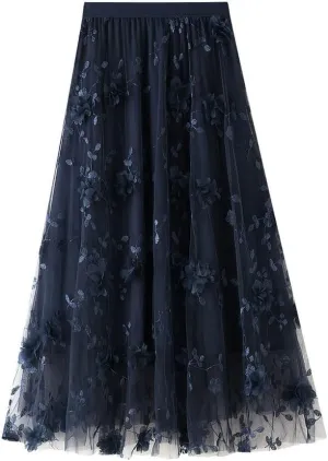ebossy Womens Elastic High Waist Tutu Tulle Skirt Sweet Embroidery Pleated 3-Layers Mesh Midi Fairy Skirts with Lined