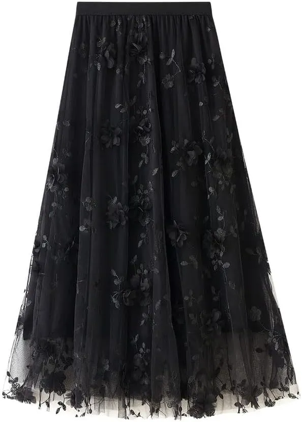 ebossy Womens Elastic High Waist Tutu Tulle Skirt Sweet Embroidery Pleated 3-Layers Mesh Midi Fairy Skirts with Lined
