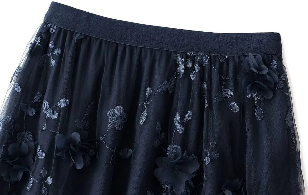 ebossy Womens Elastic High Waist Tutu Tulle Skirt Sweet Embroidery Pleated 3-Layers Mesh Midi Fairy Skirts with Lined