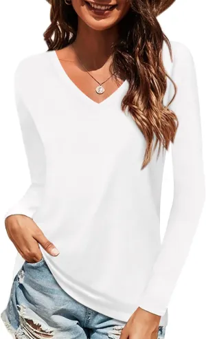 Elesomo Women Shirts V Neck Short/Long Sleeve Cotton Tops T-Shirt Basic Tees