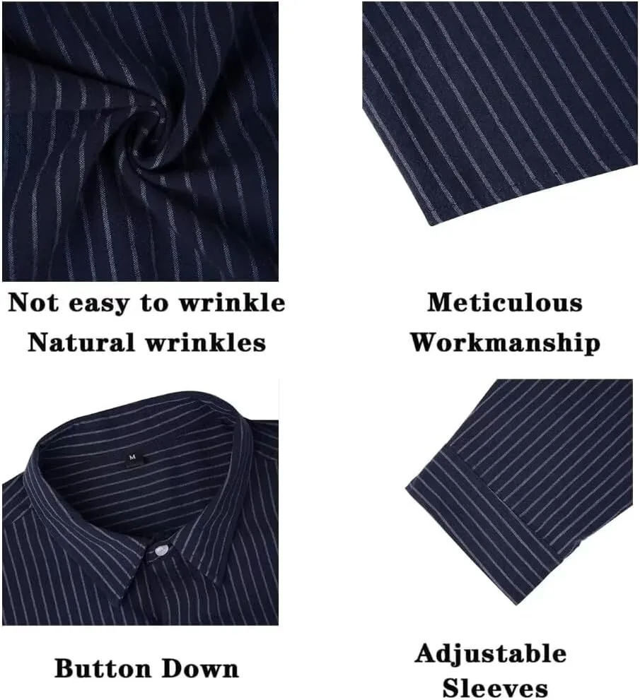 elselect Men's Casual Button-Down Striped Shirts Long Sleeve Collared Cotton Linen Shirts for Men Fashion Business Shirt