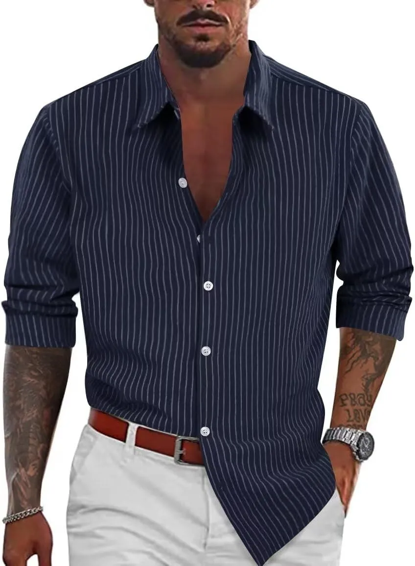 elselect Men's Casual Button-Down Striped Shirts Long Sleeve Collared Cotton Linen Shirts for Men Fashion Business Shirt